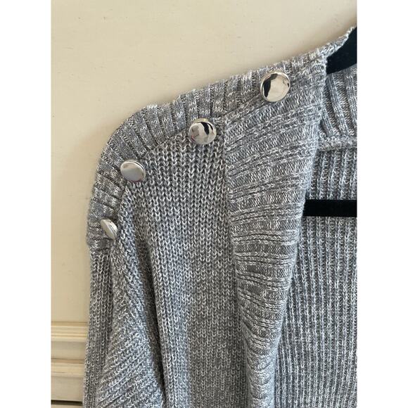 Charter Club Gray Knit Open Front Cardigan Silver Button Shoulder Cotton Blend M - Picture 2 of 6